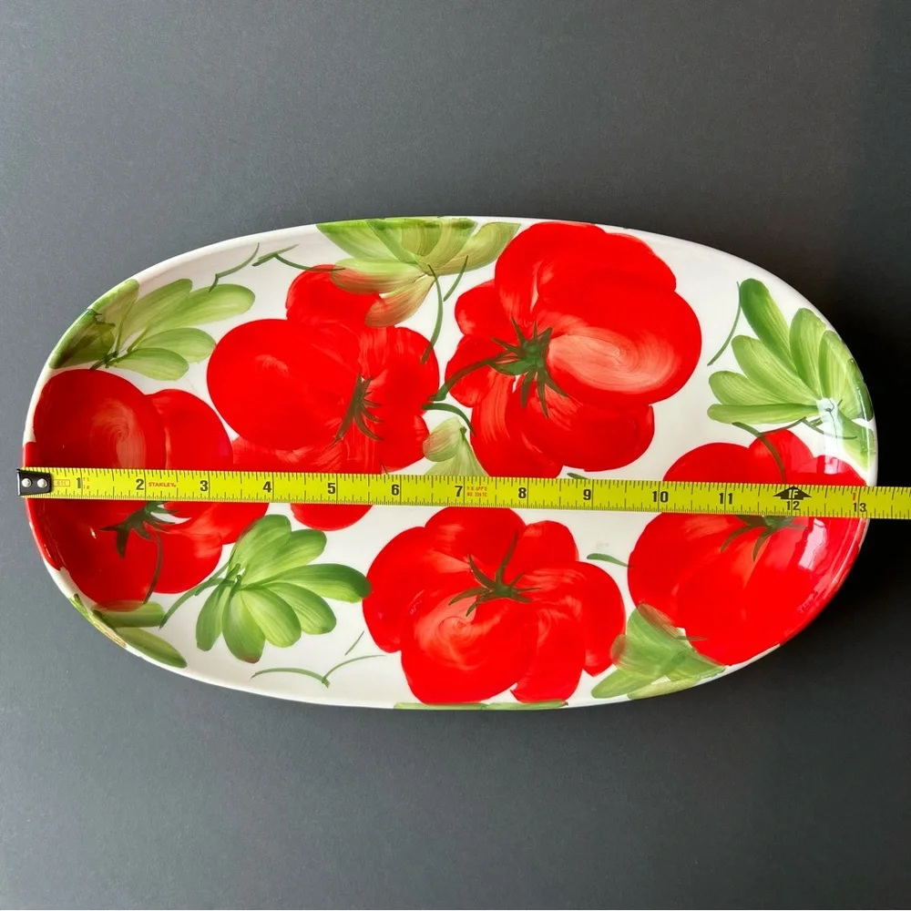 SOLD Vibrant Hand-Painted Ceramic Oval Platter 13", Red Tomatoes, Made in Italy - Picture 12 of 15